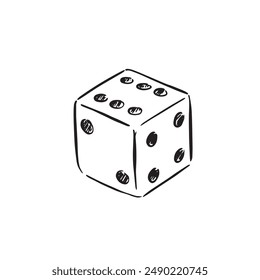 A single dice illustration, hand drawn sketch, gambling, Las Vegas, board game accessory, competitive game, numbers.