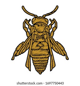 Single digitally embroidered bee icon. Vector illustration of ochre and black colors, isolated on white background. Design element for logo, print, packaging etc. 