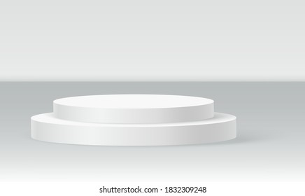Single disc podium scene, winner pedestal. White cylinder template for showroom podium scene. Vector white pedestal for product presentation