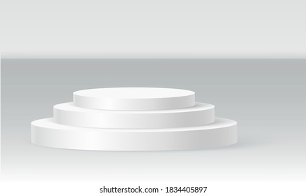 Escena de podio en un solo disco, pedestal ganador. Plantilla de cilindro blanco para la escena del podio de la sala de exposición. Velador blanco vectorial para la presentación del producto