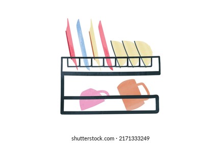 Single dish rack watercolor style. Dish rack clipart. Dish drying rack vector design illustration isolated on white background. Dish dryer with plates, bows, mug, cup cartoon drawing. Kitchen utensils