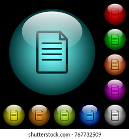 Single Document icons in color illuminated spherical glass buttons on black background. Can be used to black or dark templates