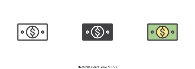 Ícone de nota de um dólar em linha, com contorno sólido e colorido. Símbolo vetorial para temas de pagamento, finanças, dinheiro e bancos.