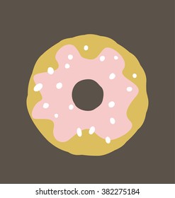 Single donut with pink cream and white crumbs as a decoration on the top.
Isolated on the brown background.