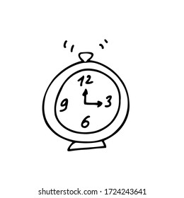 Single doodle alarm clock time related icon, isolated on white background. Vector stock illustration in hand drawn style. Design element.