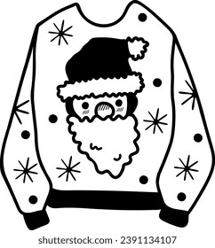Single doodle christmas sweater with Santa Claus print in black and white colors. Isolated on white.