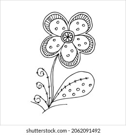 Single doodle element hand drawn flower for coloring, design, poster, invitation, postcard. Black and white vector image