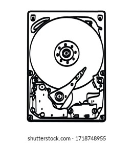 Single doodle hard disk icon of black color, isolated on white background. Hand drawn vector stock illustration with bold brush strokes. Design element.