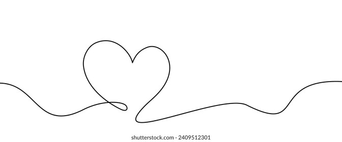 Single doodle heart continuous wavy line art drawing on white background. Happy Valentine's day header or banner or letter template. Vector illustration