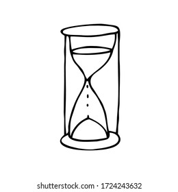 Single doodle hourglass time related icon, isolated on white background. Vector stock illustration in hand drawn style. Design element.