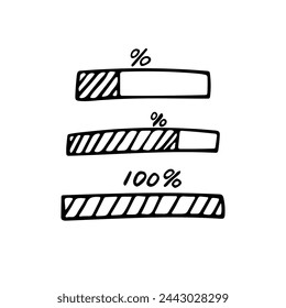 Single doodle loading diagram elements in business process. Filling lanes in percentages. Hand drawn black monochrome vector for cards, posters and professional design. Isolated on white.