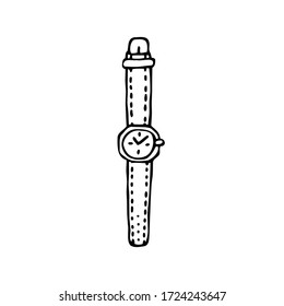 Single doodle mechanic clock time related icon, isolated on white background. Vector stock illustration in hand drawn style. Design element.
