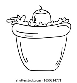 Single doodle outline pot with candle. Garden decoration and tools. Vector. doodle clipart. Isolated on a white background. For design, cards, invitation, decoration, stickers