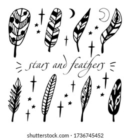 Single doodle vector elements feather. Hand drawn symbols writing and magic. Isolated on white backdrop.