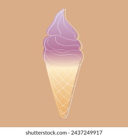 A single doodle-style ice cream cone with three scoops and a waffle cone, placed on a plain brown background. The cone is colorful and visually appealing