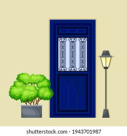 Single Door Facade Decorated with Green Bush in Cachepot and Light Vector Illustration
