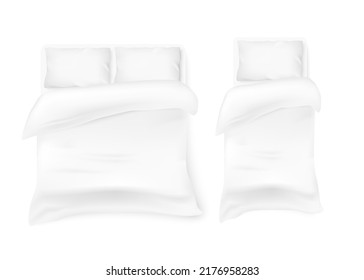 Single and double bed linen templates collection, 3d realistic vector illustration isolated on white background. Blank bedding or bedroom textile top view mockup.