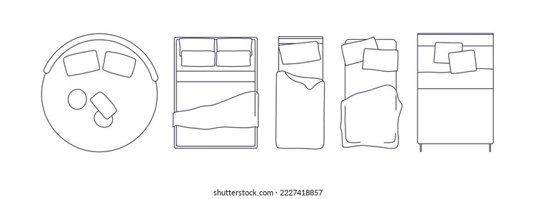 Camas individuales y dobles con almohadas, mantas y vistas a la azotea. El mobiliario de las habitaciones está decorado con cojines y edredones. Ilustración vectorial plana con contorno aislada en fondo blanco