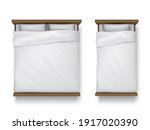 Single and double beds with white sheet, pillows and duvet top view. Vector realistic mockup of blank linen on wood beds, 3d furniture for sleep isolated on white background