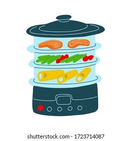 Single double boiler cooking related icon, full of healthy food. Color vector stock illustration in hand drawn modern flat style, isolated on white background. Design element.