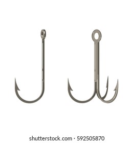 Single and double hooks icon fisherman equipment sign isolated on white. Fishhook devices for catching fish. Vector illustration of hook for fishing pattern for web design