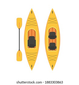 Single and double kayaks with double paddles. Top view of a canoe for fishing and tourism. Vector, cartoon.