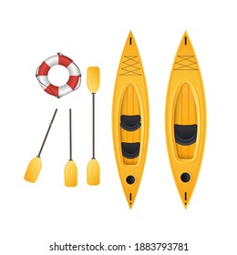 Single and double kayaks with double paddles. Top view of a canoe for fishing and tourism. Vector, realistic style.