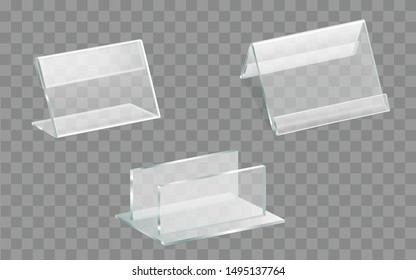 Single and double sided acrylic glass table displays or talkers, menu, ad leaflets, brochures plexiglass holders with side, top loading transparent frames isolated 3d realistic vector illustration set