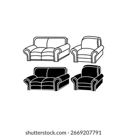 Design de ilustração de silhueta de cadeira de sofá único e duplo com fundo preto e branco. Vetor cadeira de sofá de arte de linha.