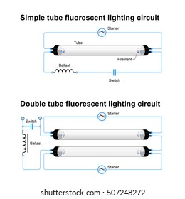 Single and Double tube fluorescent lighting circuit. Simple vector diagram