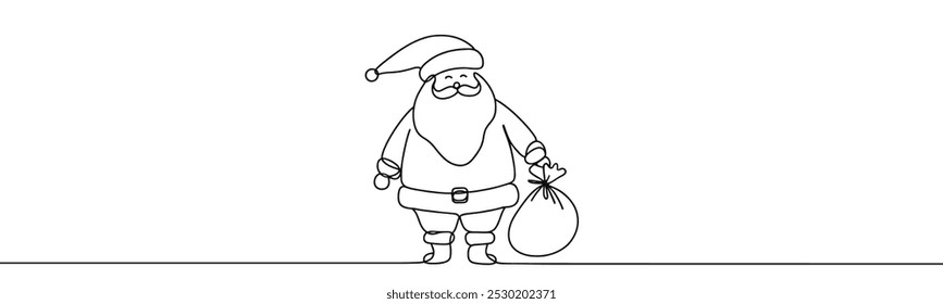 Desenho único com linha contínua sobre fundo branco. Papai Noel com saco de presentes no fundo minimalista	