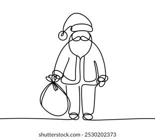 Single drawing with continuous line on white background. Santa Claus with sack of presents on minimalistic background	