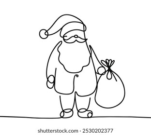 Einzelne Zeichnung mit durchgehender Linie auf weißem Hintergrund. Weihnachtsmann mit Geschenksack auf minimalistischem Hintergrund	