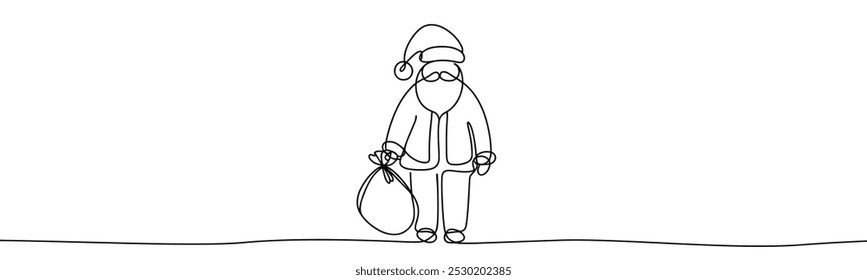 Single drawing with continuous line on white background. Santa Claus with sack of presents on minimalistic background	