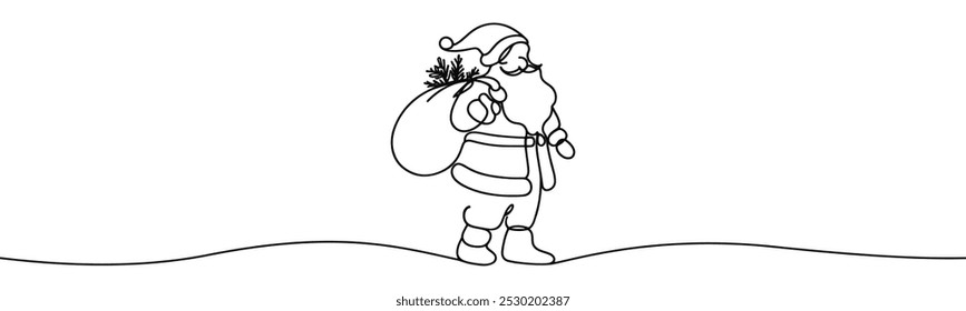 Single drawing with continuous line on white background. Santa Claus with sack of presents on minimalistic background	