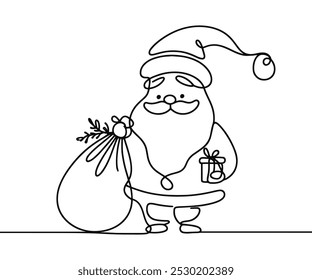 Single drawing with continuous line on white background. Santa Claus with sack of presents on minimalistic background	