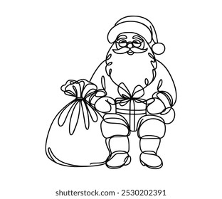 Desenho único com linha contínua sobre fundo branco. Papai Noel com saco de presentes no fundo minimalista	