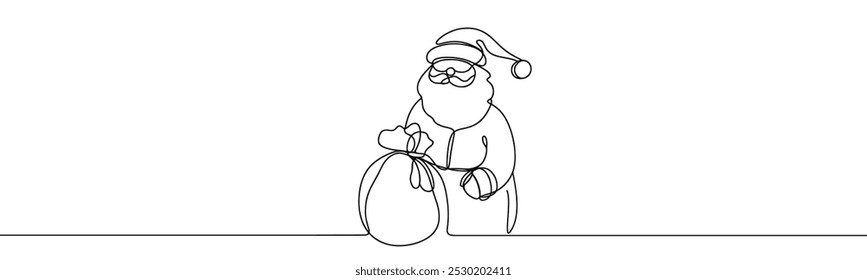 Single drawing with continuous line on white background. Santa Claus with sack of presents on minimalistic background	