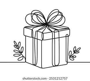 Desenho único com uma linha contínua sobre um fundo branco. Caixa de presente com arco, feriado e conceito de Natal