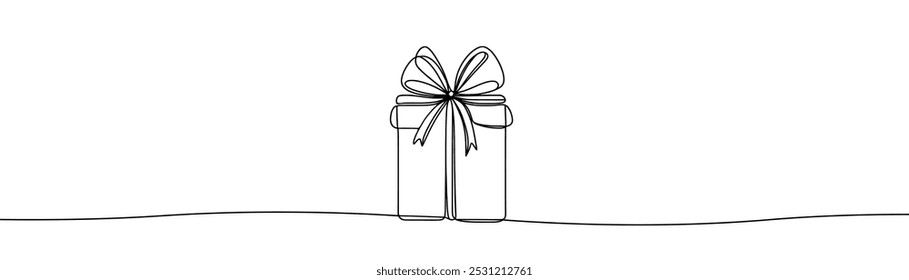 Desenho único com uma linha contínua sobre um fundo branco. Caixa de presente com arco, feriado e conceito de Natal