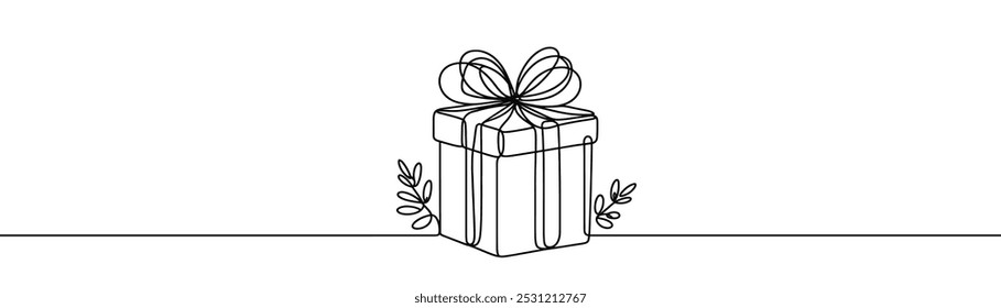 Single drawing with a continuous line on a white background. Gift box with bow, holiday and Christmas concept