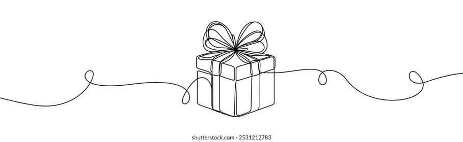 Single drawing with a continuous line on a white background. Gift box with bow, holiday and Christmas concept