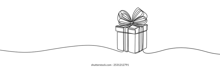 Single drawing with a continuous line on a white background. Gift box with bow, holiday and Christmas concept