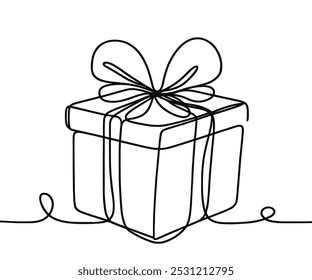 Desenho único com uma linha contínua sobre um fundo branco. Caixa de presente com arco, feriado e conceito de Natal