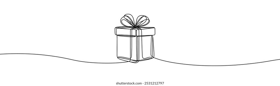 Single drawing with a continuous line on a white background. Gift box with bow, holiday and Christmas concept