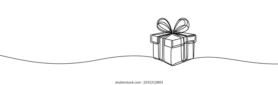 Single drawing with a continuous line on a white background. Gift box with bow, holiday and Christmas concept
