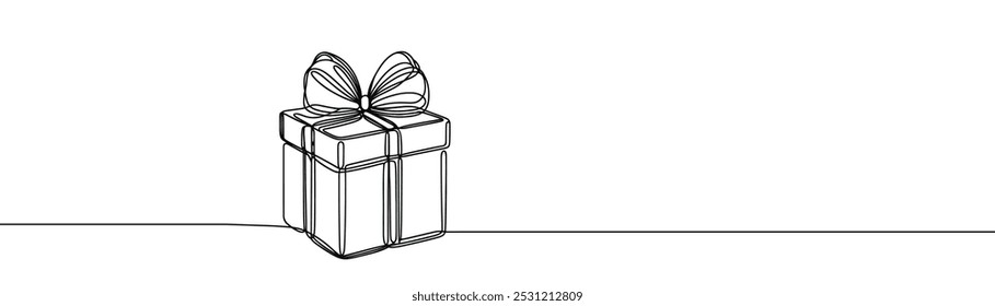Single drawing with a continuous line on a white background. Gift box with bow, holiday and Christmas concept