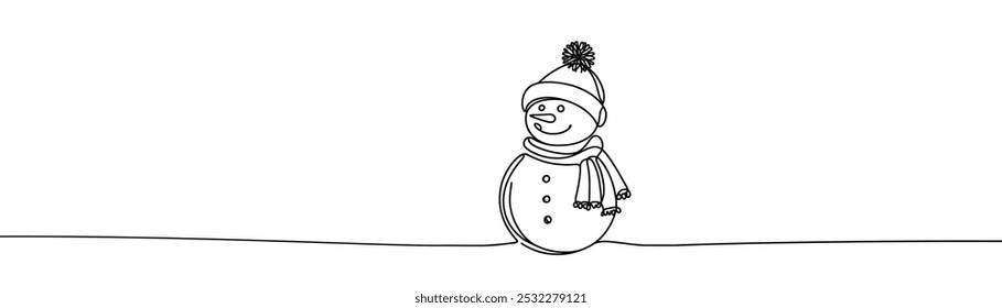 Single drawing with a continuous line on a white background. Cute snowman in a hat and scarf