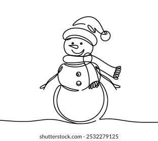 Single drawing with a continuous line on a white background. Cute snowman in a hat and scarf