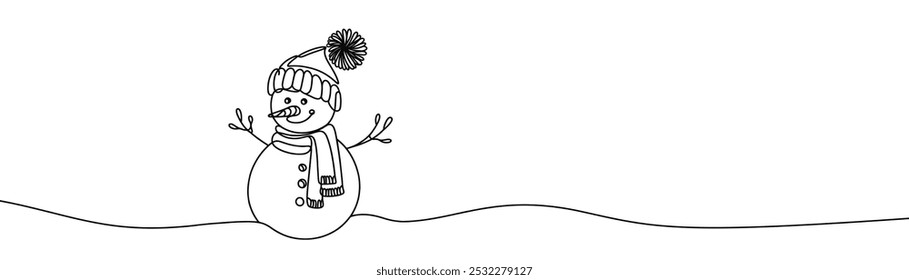 Single drawing with a continuous line on a white background. Cute snowman in a hat and scarf